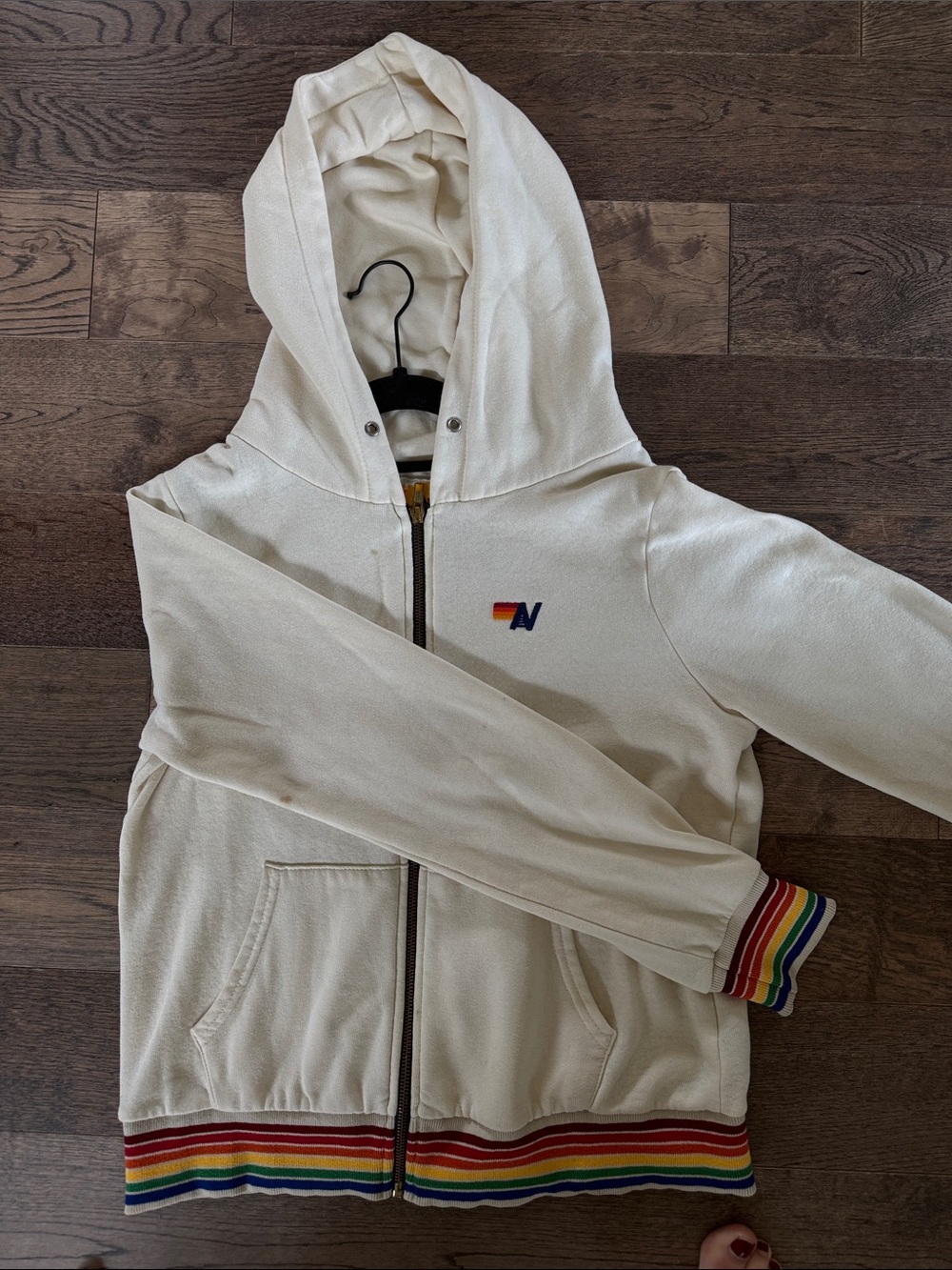 Aviator Nation cream rainbow hoodie.